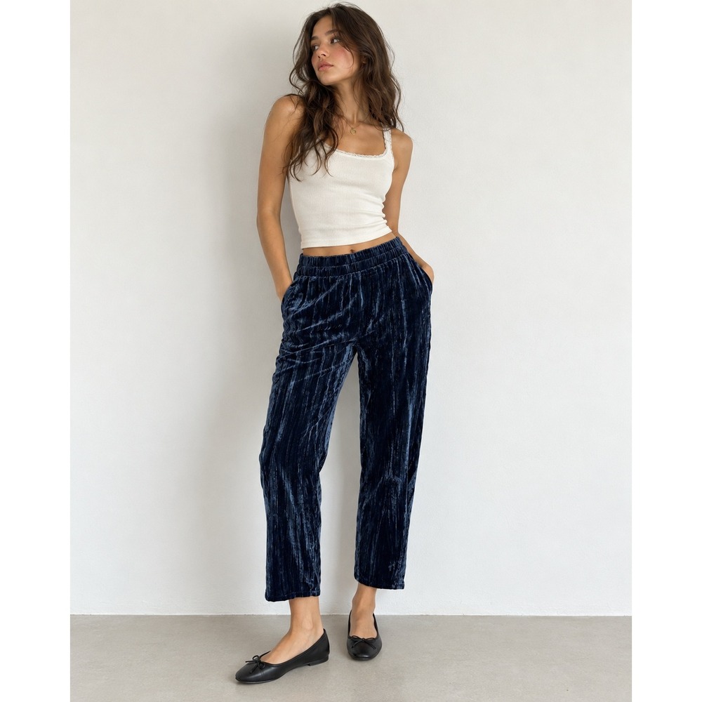 Tina Jo Velour Crop Pants Womens Medium Navy Blue Crushed Velvet Elastic Waist